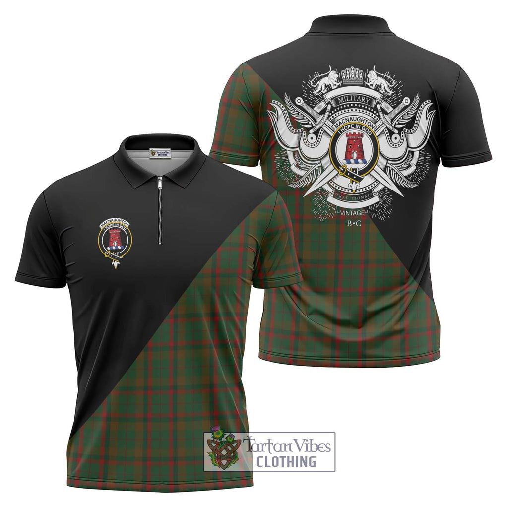 MacNaughton Hunting Tartan Zipper Polo Shirt with Family Crest and Military Logo Style Unisex - Tartanvibesclothing Shop