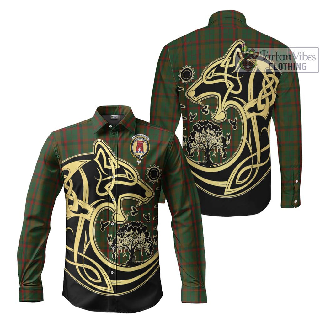 MacNaughton Hunting Tartan Long Sleeve Button Shirt with Family Crest Celtic Wolf Style Men's Shirt S - Tartan Vibes Clothing