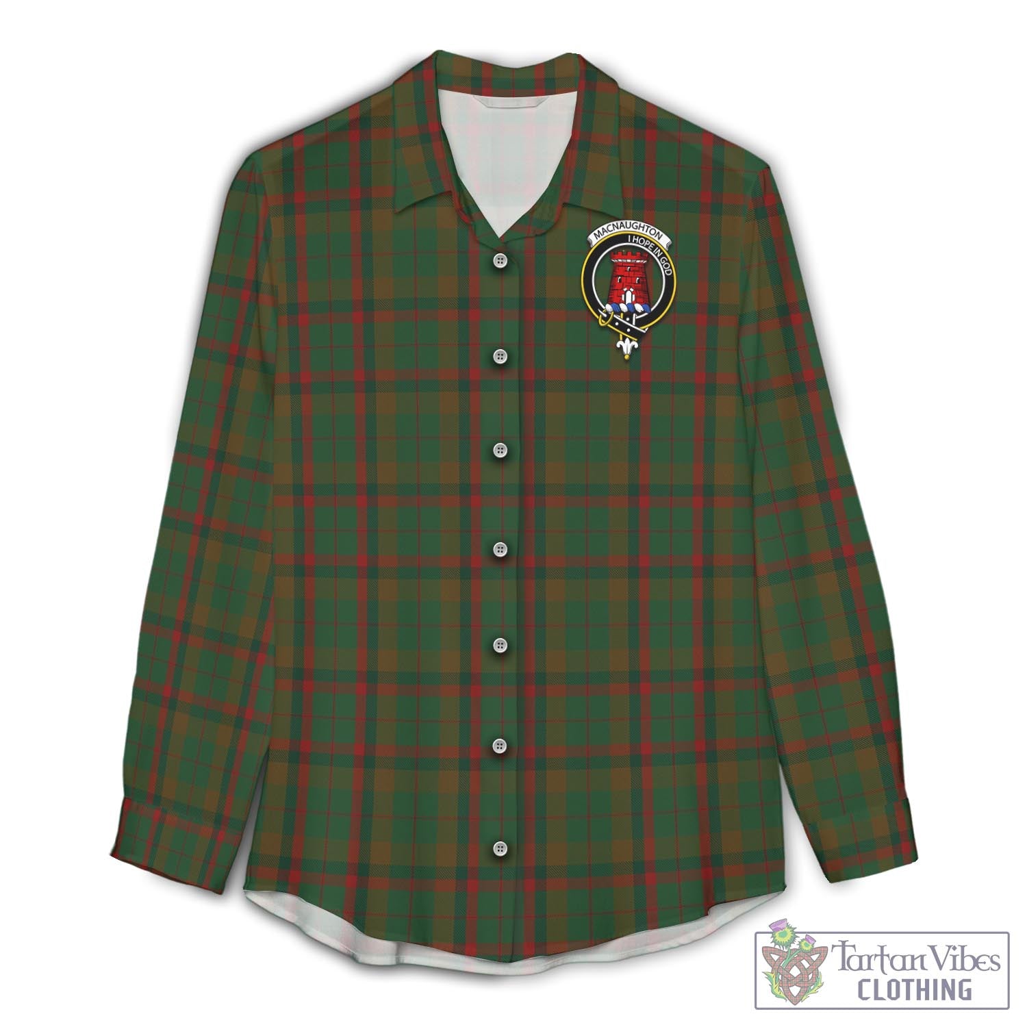 Tartan Vibes Clothing Macnaughton Hunting Tartan Womens Casual Shirt with Family Crest