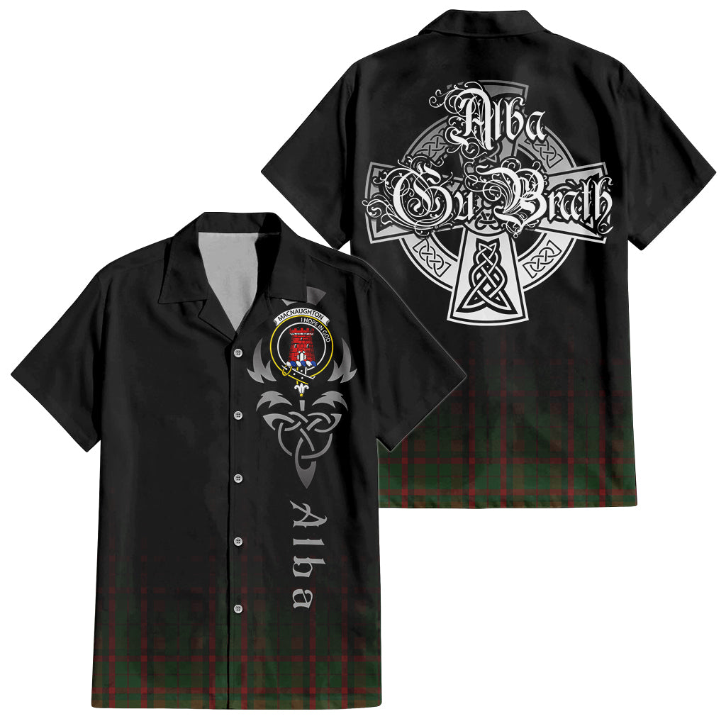 Tartan Vibes Clothing Macnaughton Hunting Tartan Short Sleeve Button Up Featuring Alba Gu Brath Family Crest Celtic Inspired