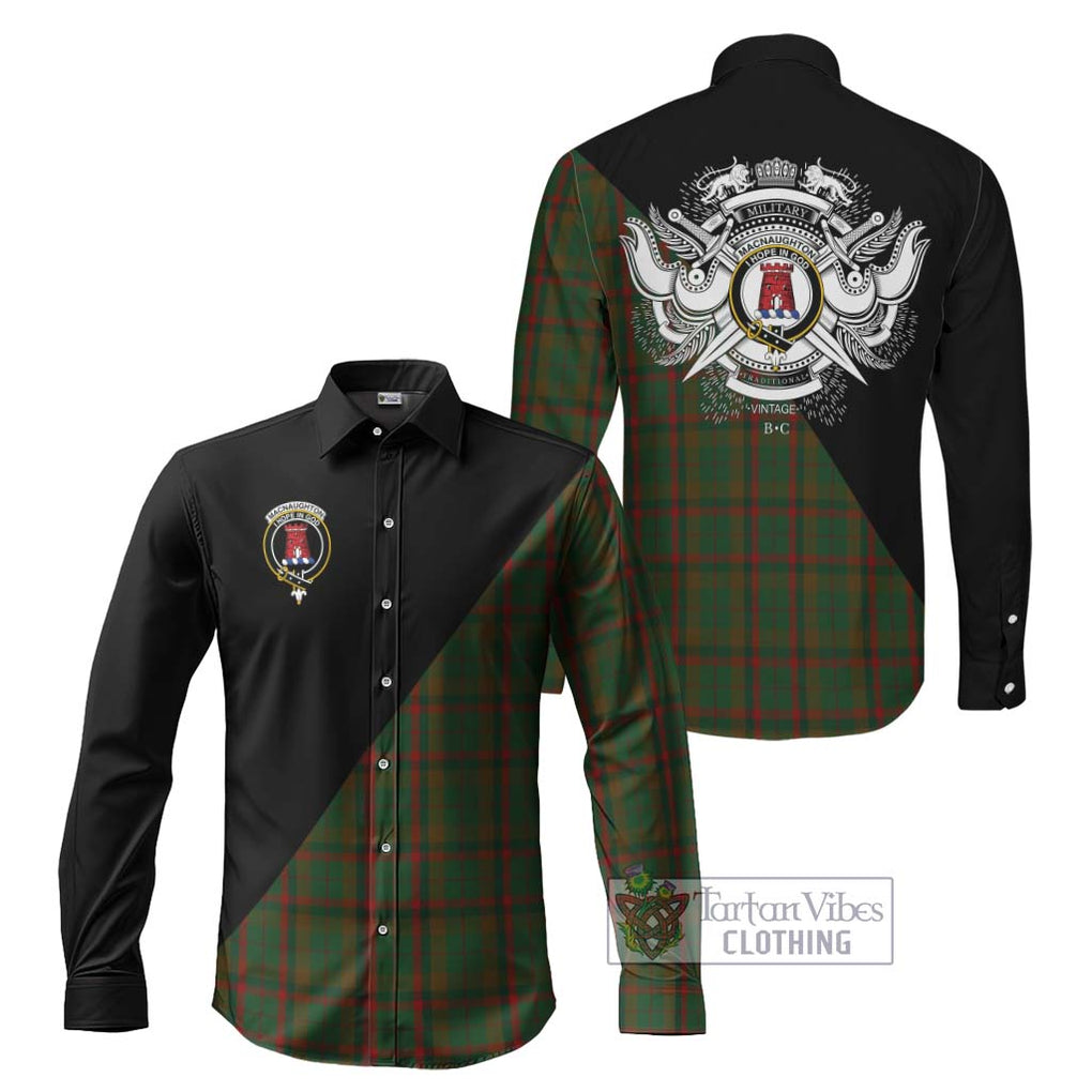 MacNaughton Hunting Tartan Long Sleeve Button Shirt with Family Crest and Military Logo Style Men's Shirt S - Tartanvibesclothing Shop