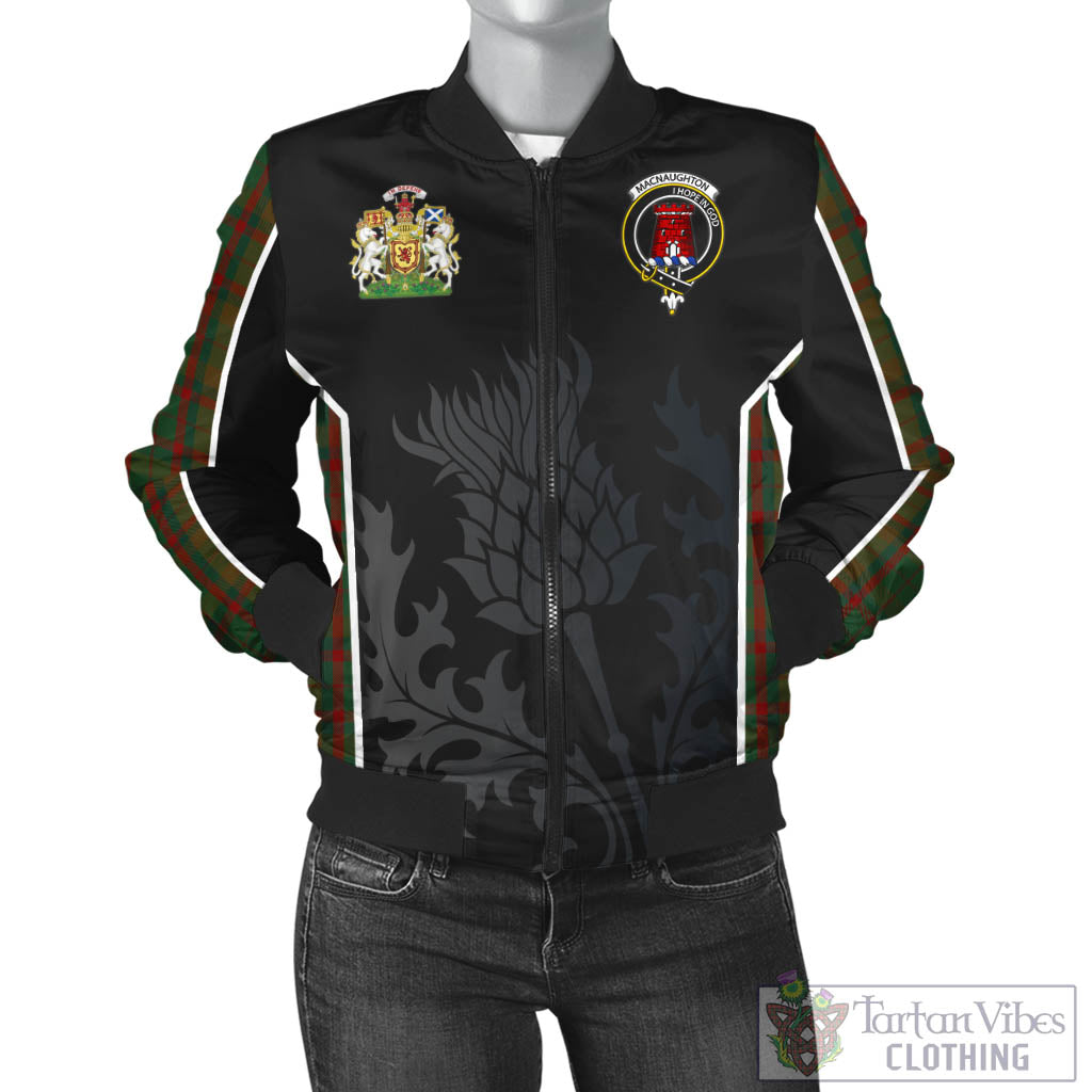 Tartan Vibes Clothing Macnaughton Hunting Tartan Bomber Jacket with Family Crest and Scottish Thistle Vibes Sport Style