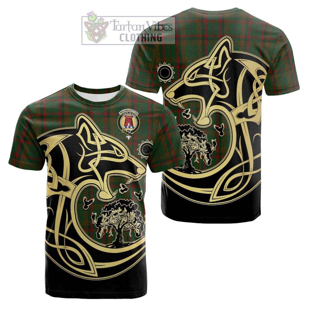 Tartan Vibes Clothing MacNaughton Hunting Tartan Cotton T-shirt with Family Crest Celtic Wolf Style