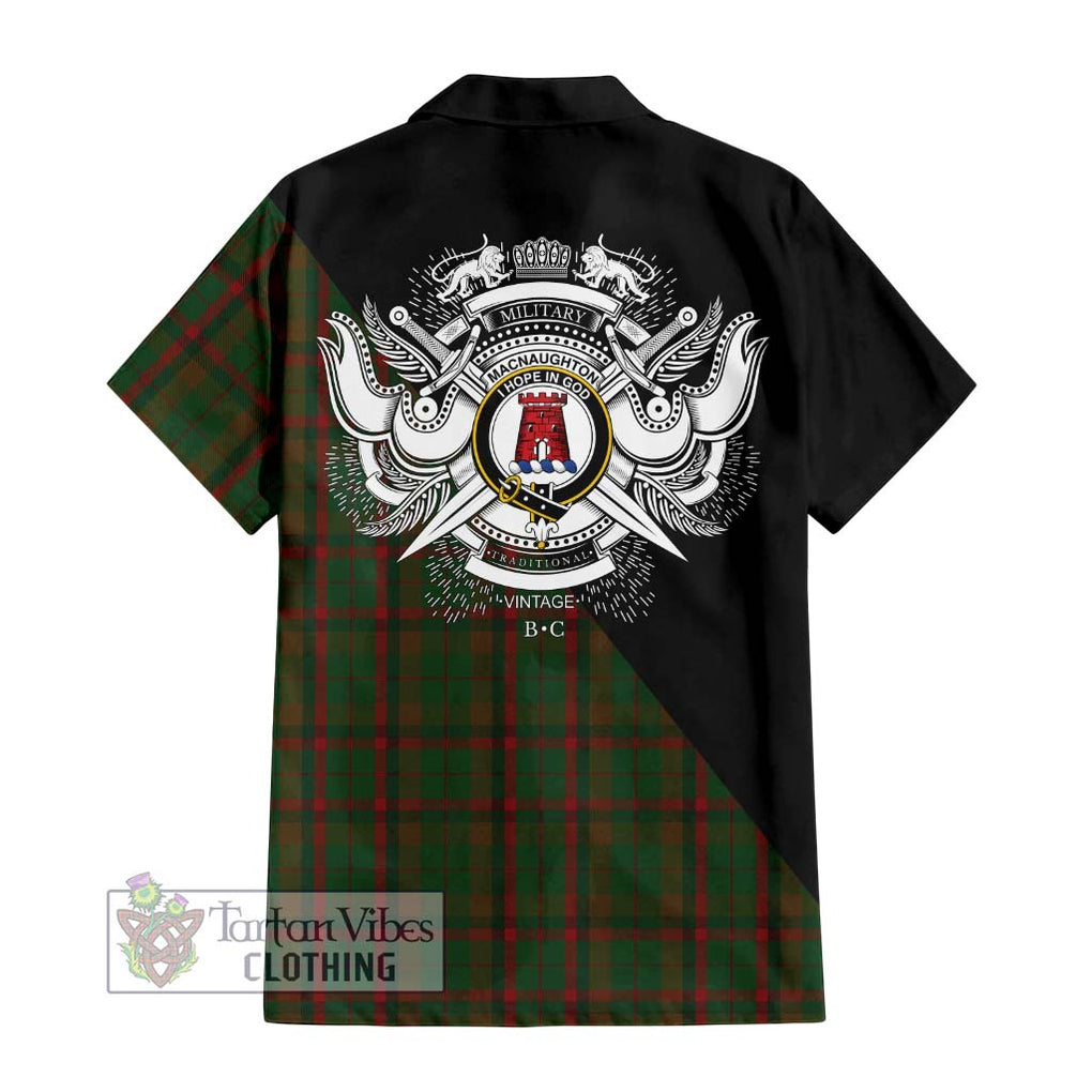 MacNaughton Hunting Tartan Short Sleeve Button Shirt with Family Crest and Military Logo Style - Tartanvibesclothing Shop