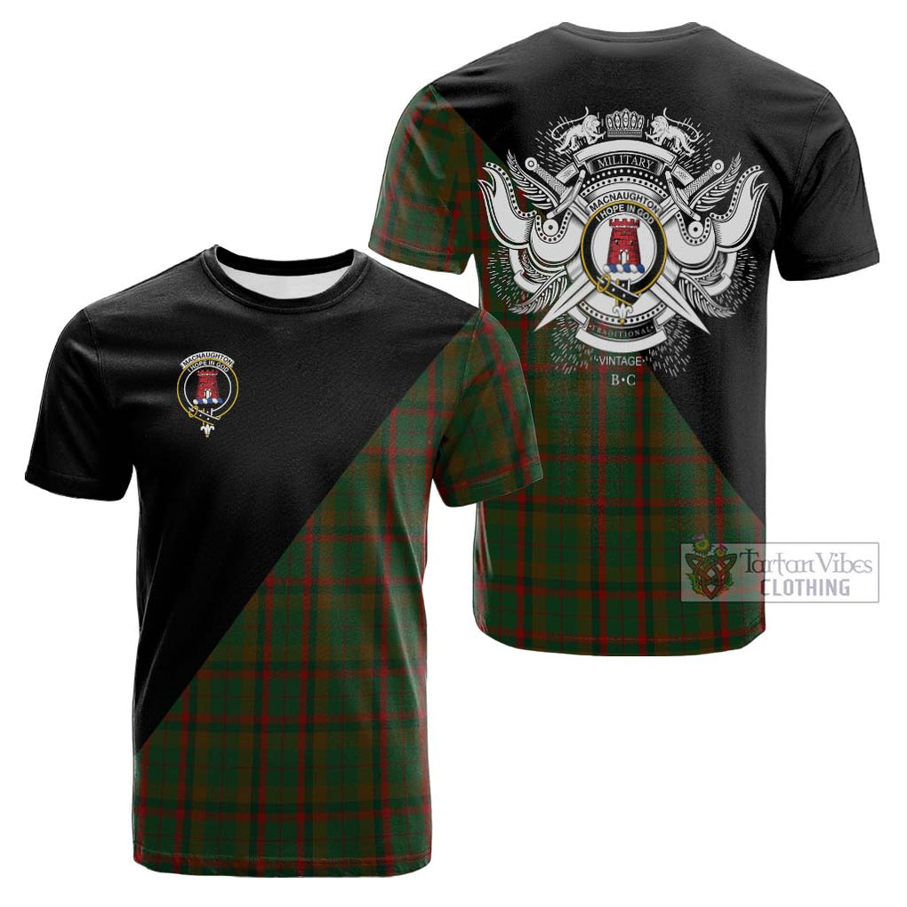 Tartan Vibes Clothing MacNaughton Hunting Tartan Cotton T-shirt with Family Crest and Military Logo Style