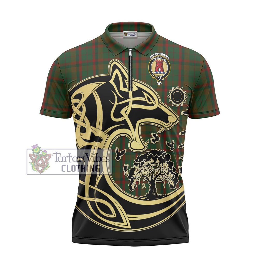 MacNaughton Hunting Tartan Zipper Polo Shirt with Family Crest Celtic Wolf Style - Tartanvibesclothing Shop