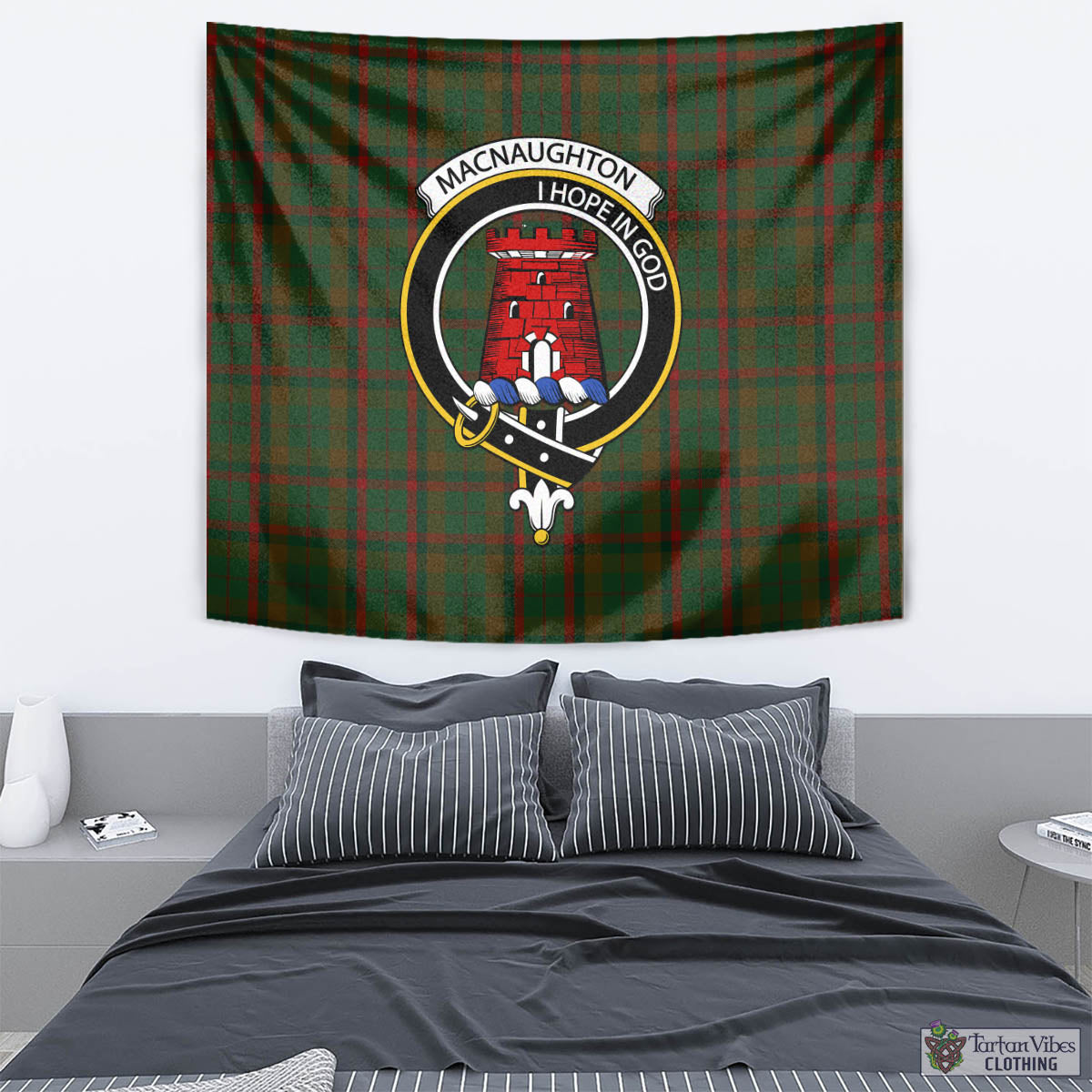 Tartan Vibes Clothing Macnaughton Hunting Tartan Tapestry Wall Hanging and Home Decor for Room with Family Crest