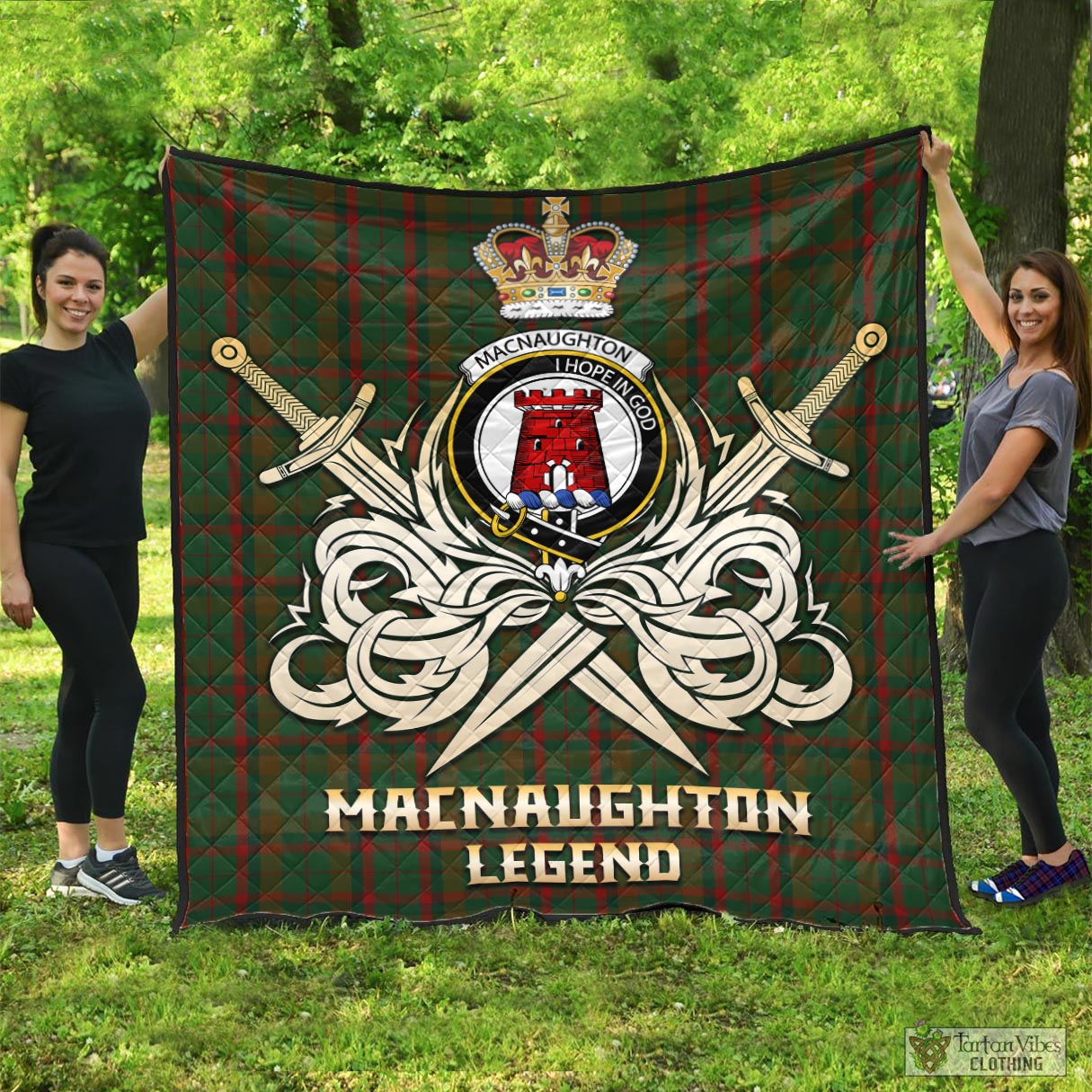 Tartan Vibes Clothing Macnaughton Hunting Tartan Quilt with Clan Crest and the Golden Sword of Courageous Legacy