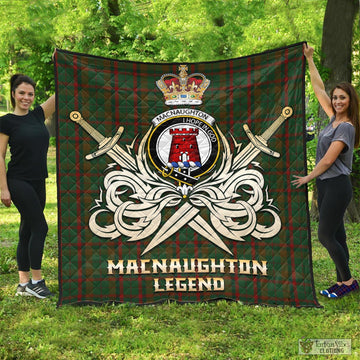 Macnaughton Hunting Tartan Quilt with Clan Crest and the Golden Sword of Courageous Legacy