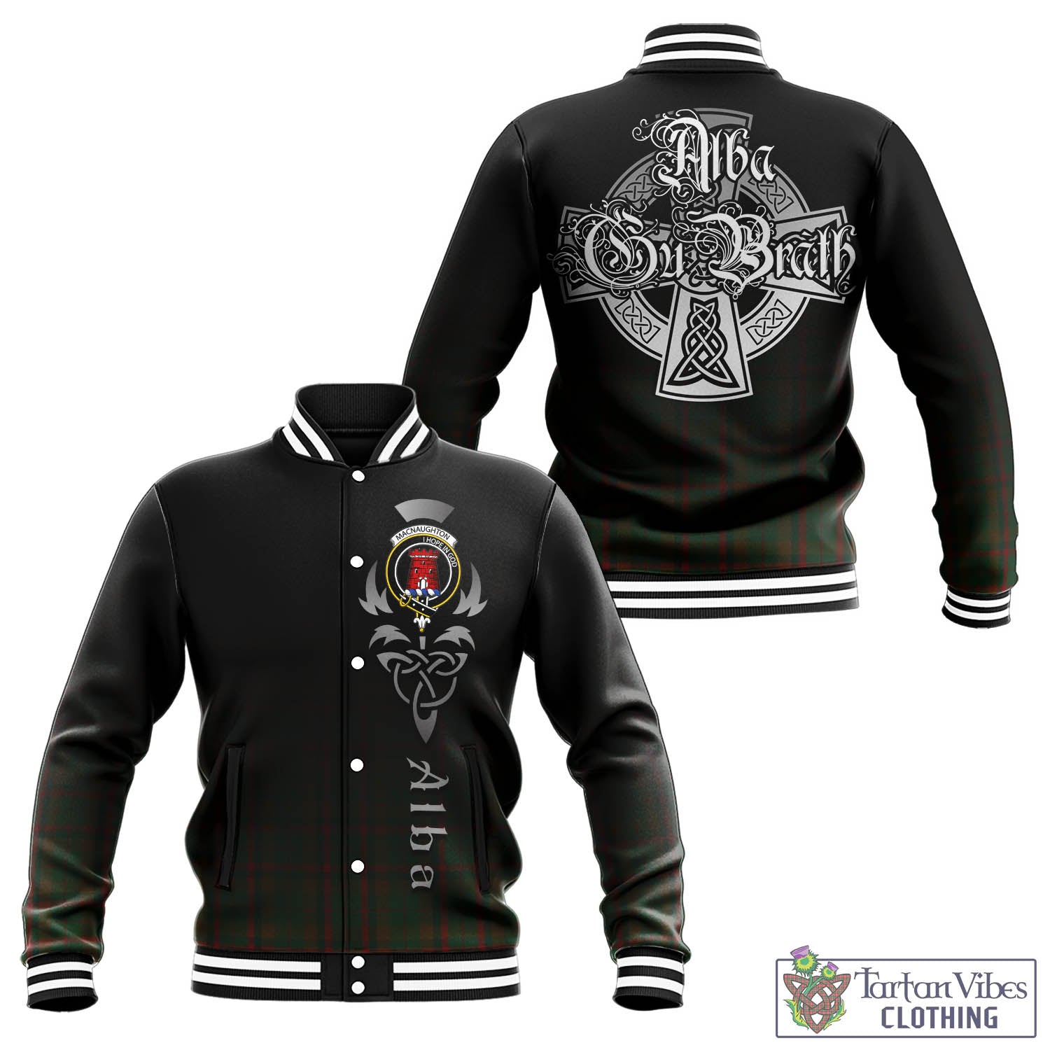 Tartan Vibes Clothing Macnaughton Hunting Tartan Baseball Jacket Featuring Alba Gu Brath Family Crest Celtic Inspired