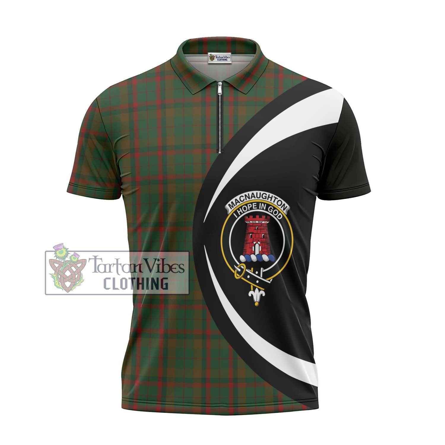 Tartan Vibes Clothing MacNaughton Hunting Tartan Zipper Polo Shirt with Family Crest Circle Style