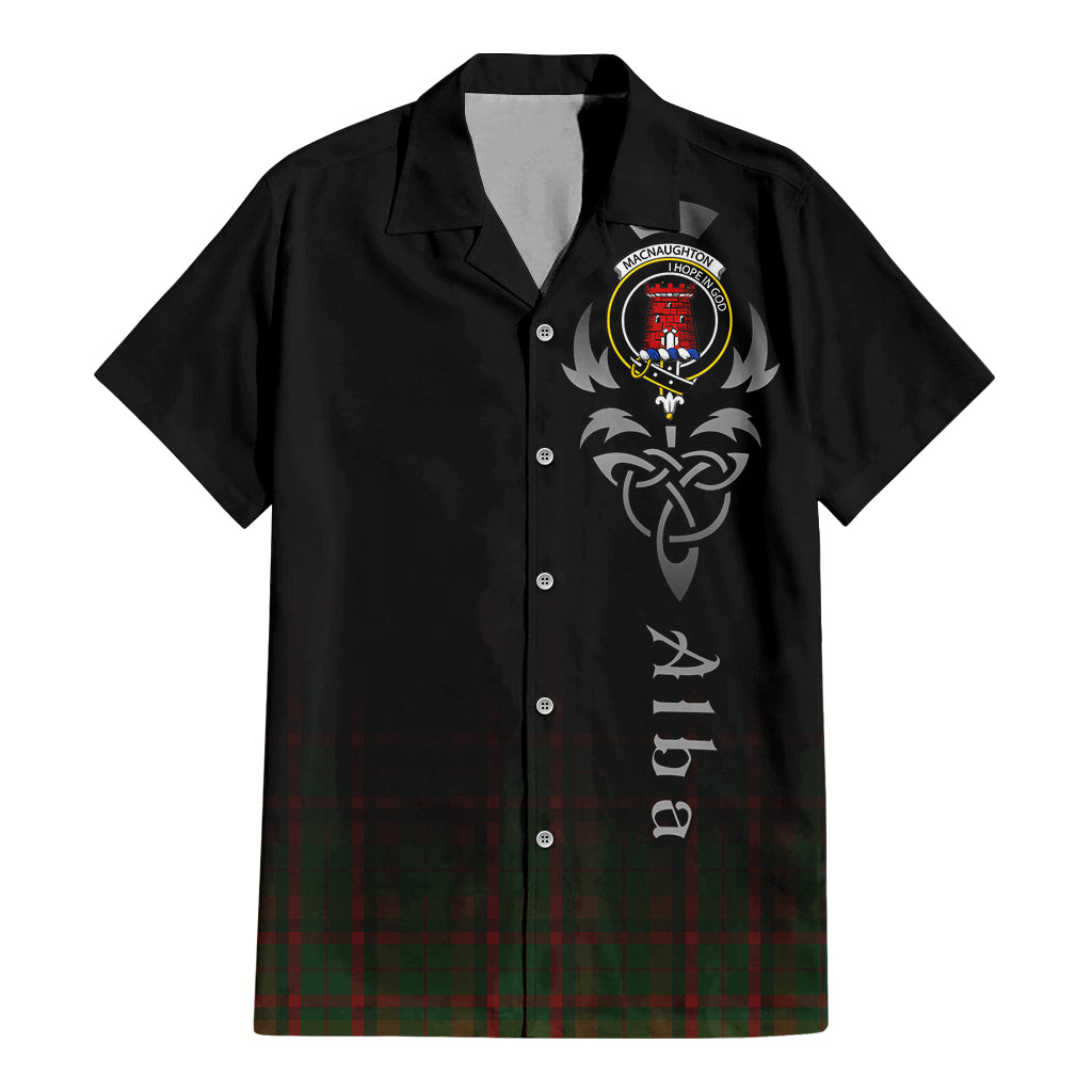 Tartan Vibes Clothing Macnaughton Hunting Tartan Short Sleeve Button Up Featuring Alba Gu Brath Family Crest Celtic Inspired