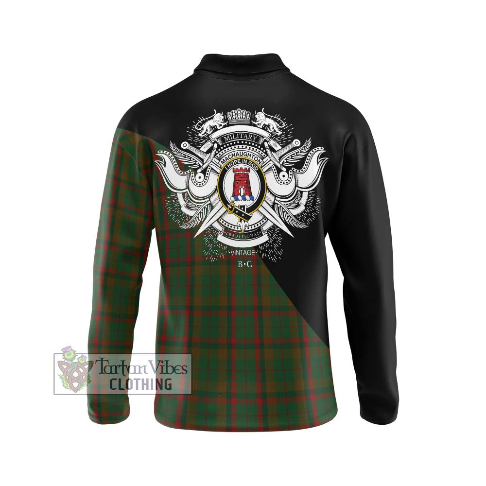 MacNaughton Hunting Tartan Long Sleeve Polo Shirt with Family Crest and Military Logo Style - Tartanvibesclothing Shop