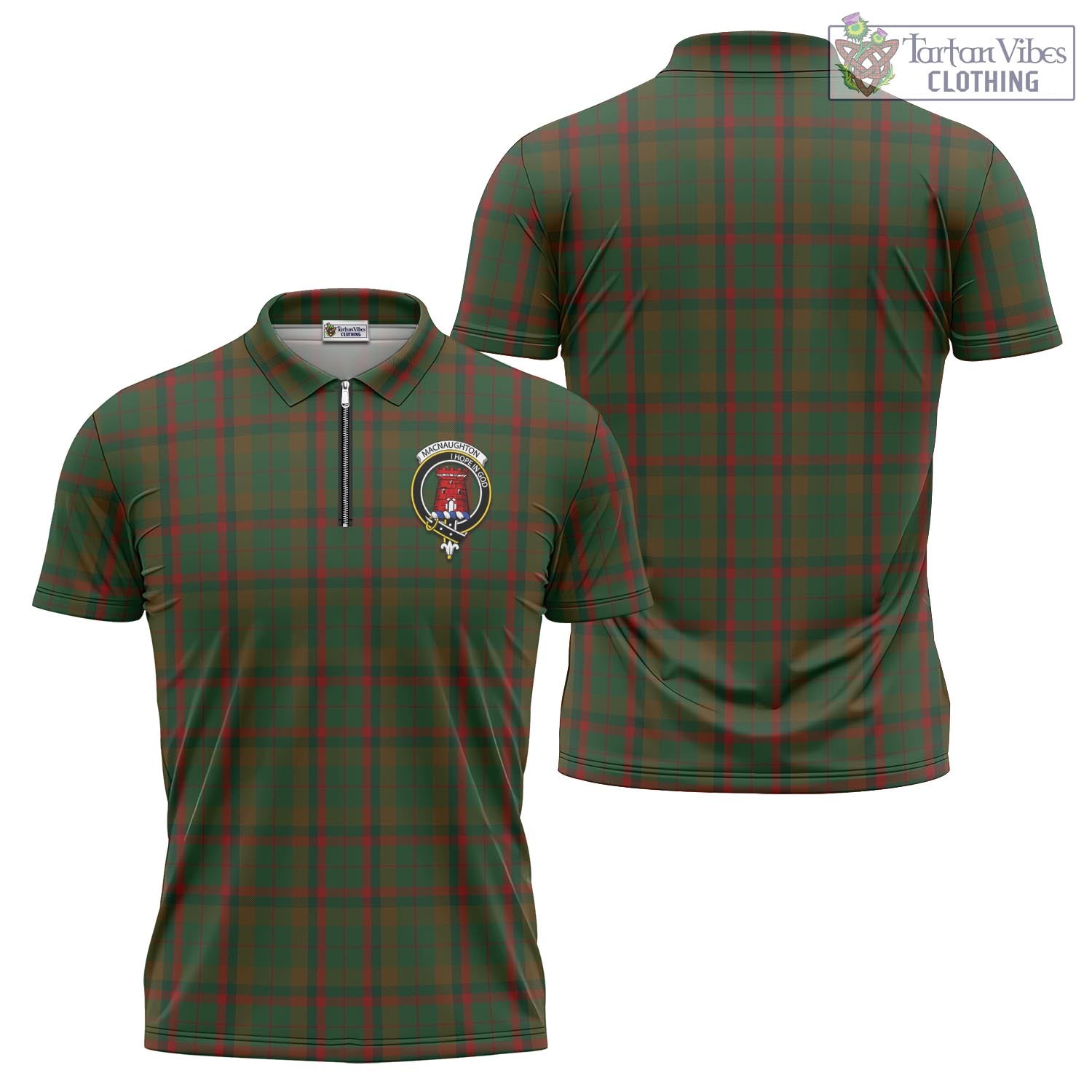 Tartan Vibes Clothing Macnaughton Hunting Tartan Zipper Polo Shirt with Family Crest