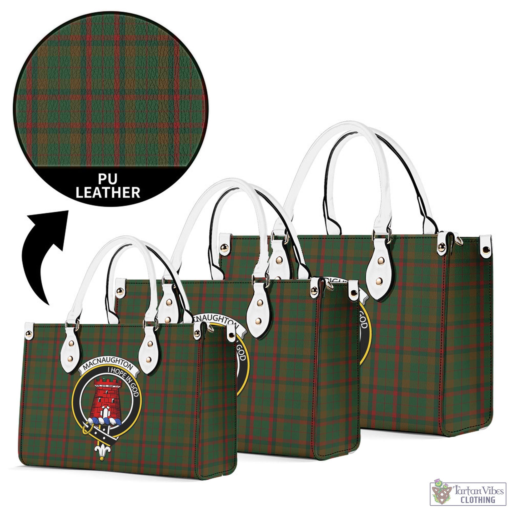 Tartan Vibes Clothing Macnaughton Hunting Tartan Luxury Leather Handbags with Family Crest