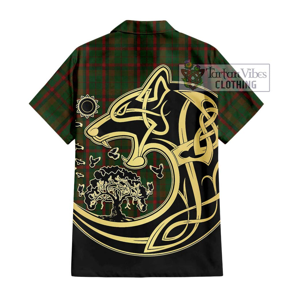 MacNaughton Hunting Tartan Short Sleeve Button Shirt with Family Crest Celtic Wolf Style - Tartan Vibes Clothing