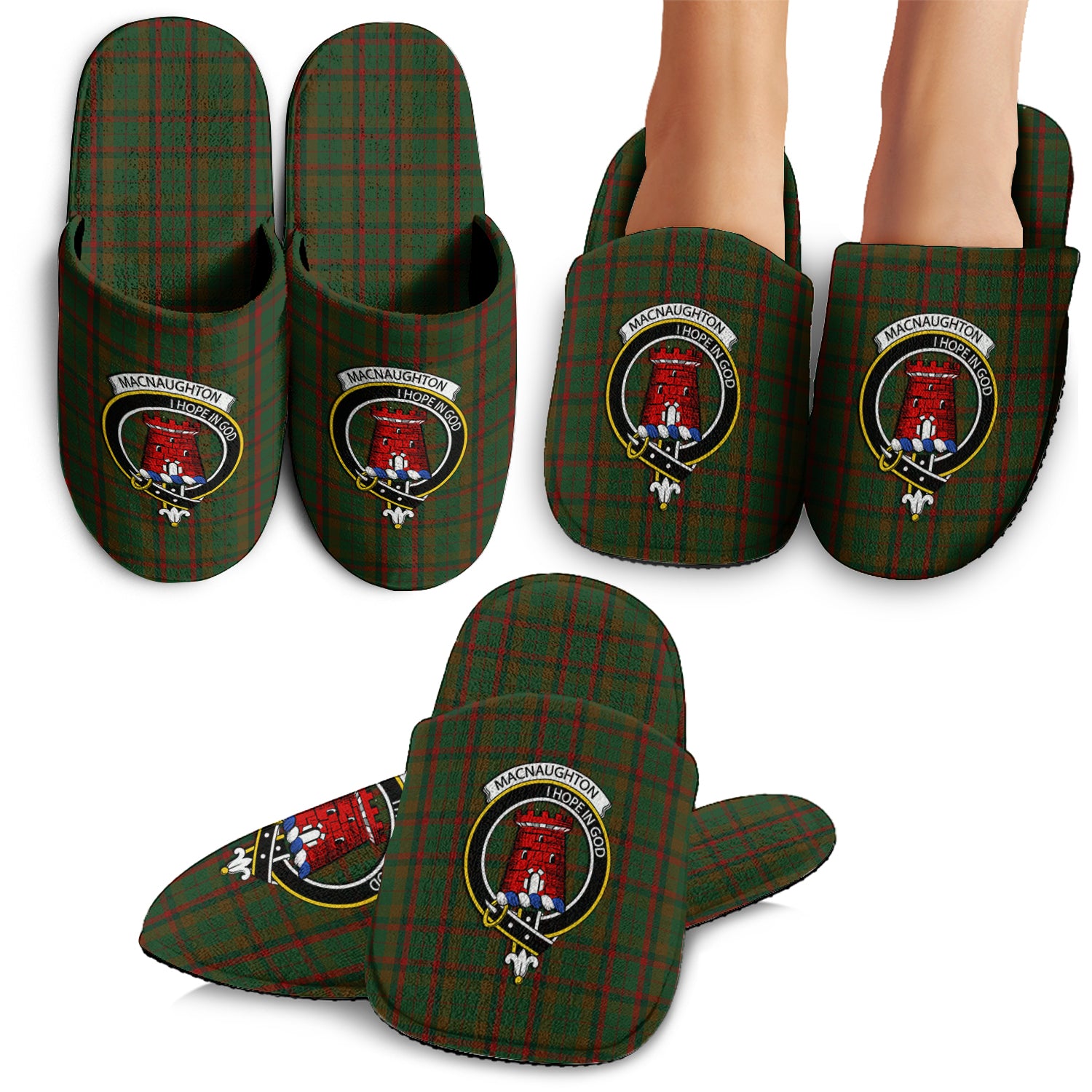 Macnaughton Hunting Tartan Home Slippers with Family Crest - Tartanvibesclothing