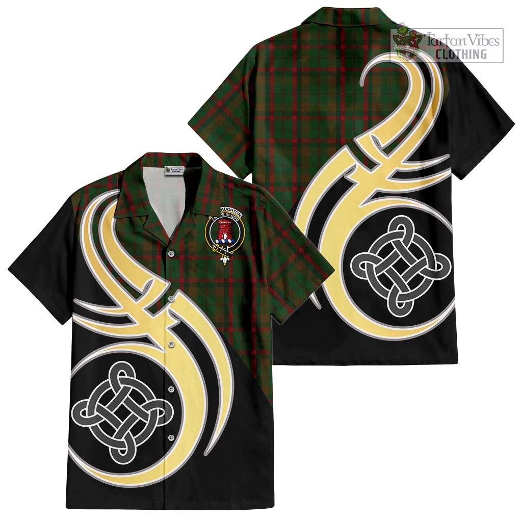 MacNaughton Hunting Tartan Short Sleeve Button Shirt with Family Crest and Celtic Symbol Style - Tartan Vibes Clothing