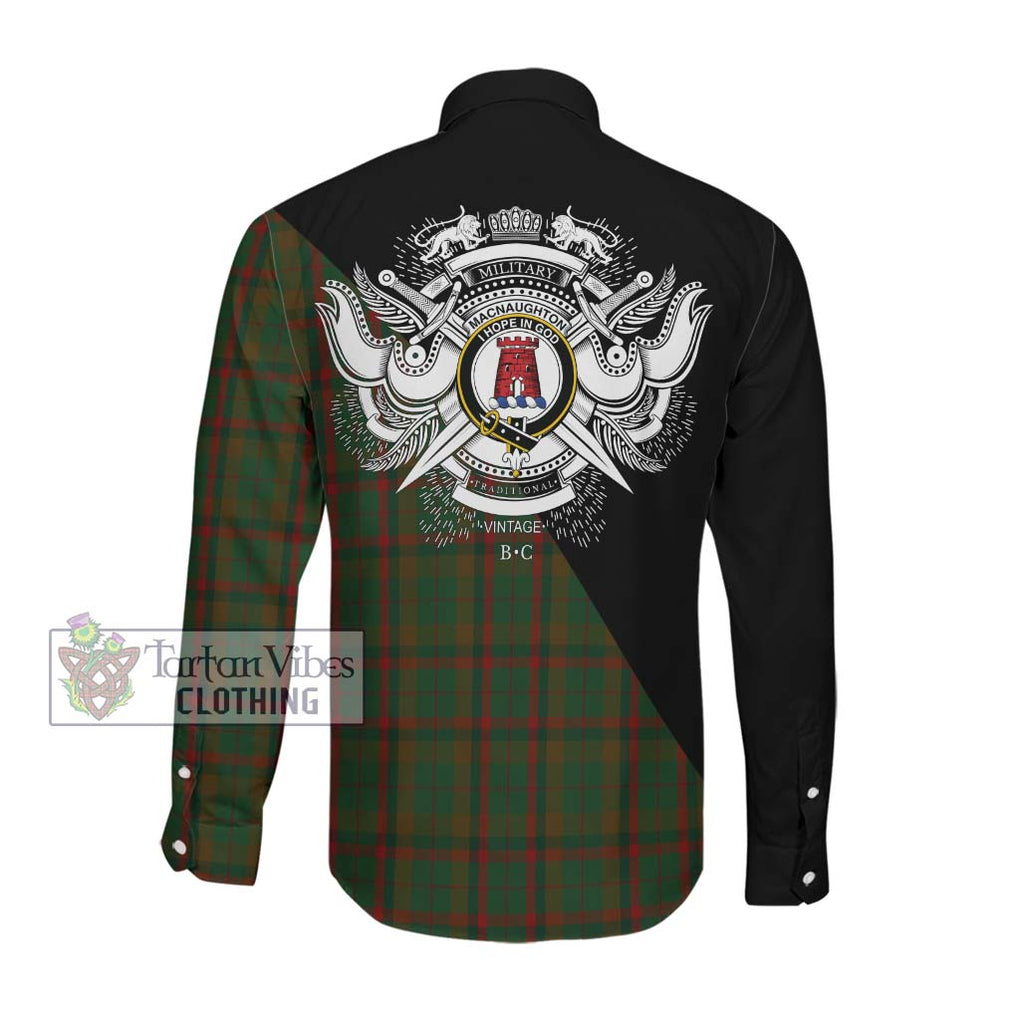 MacNaughton Hunting Tartan Long Sleeve Button Shirt with Family Crest and Military Logo Style Men's Shirt - Tartanvibesclothing Shop