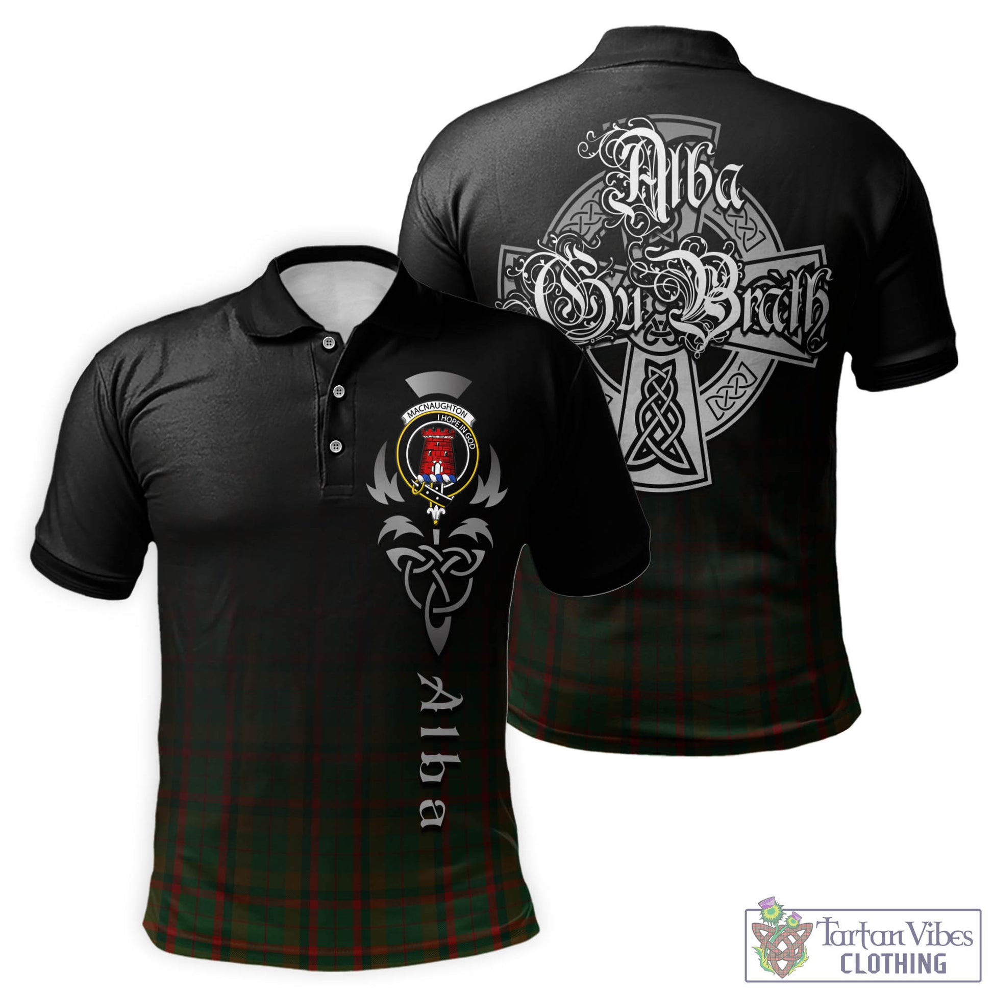 Tartan Vibes Clothing Macnaughton Hunting Tartan Polo Shirt Featuring Alba Gu Brath Family Crest Celtic Inspired