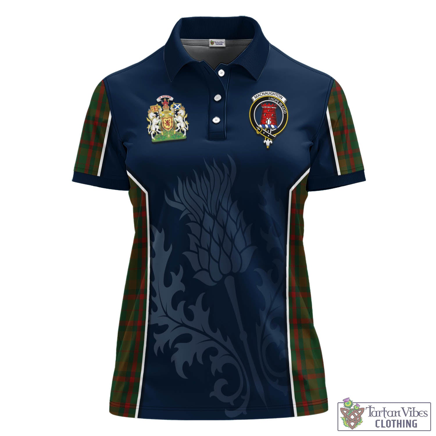 Tartan Vibes Clothing Macnaughton Hunting Tartan Women's Polo Shirt with Family Crest and Scottish Thistle Vibes Sport Style