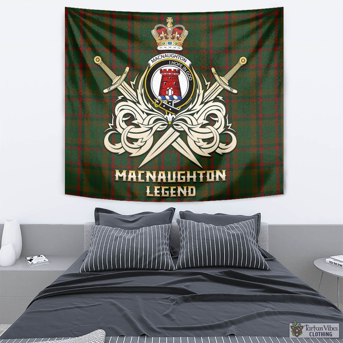 Tartan Vibes Clothing Macnaughton Hunting Tartan Tapestry with Clan Crest and the Golden Sword of Courageous Legacy