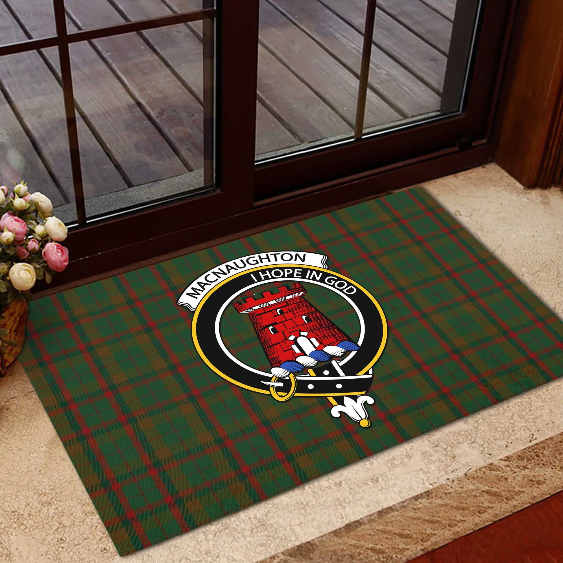 Macnaughton Hunting Tartan Door Mat with Family Crest - Tartanvibesclothing