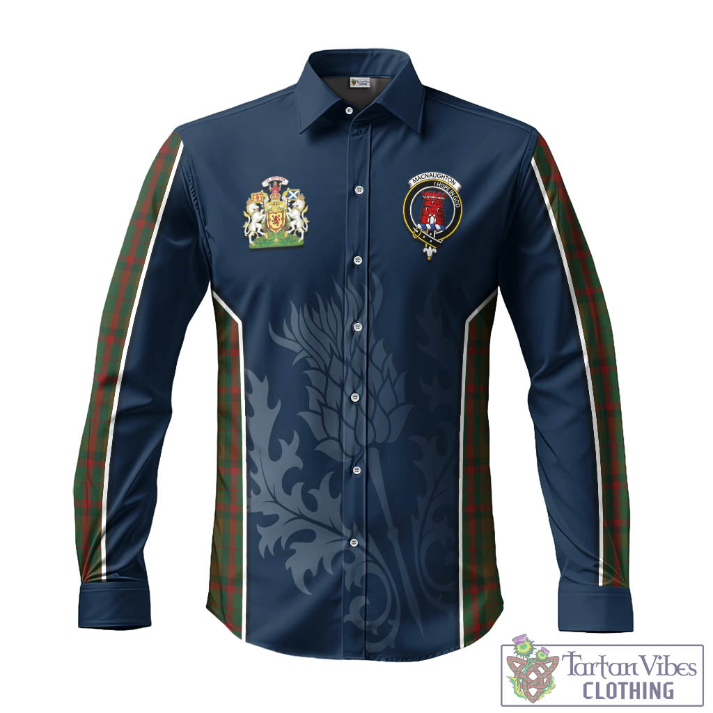 Tartan Vibes Clothing Macnaughton Hunting Tartan Long Sleeve Button Up Shirt with Family Crest and Scottish Thistle Vibes Sport Style