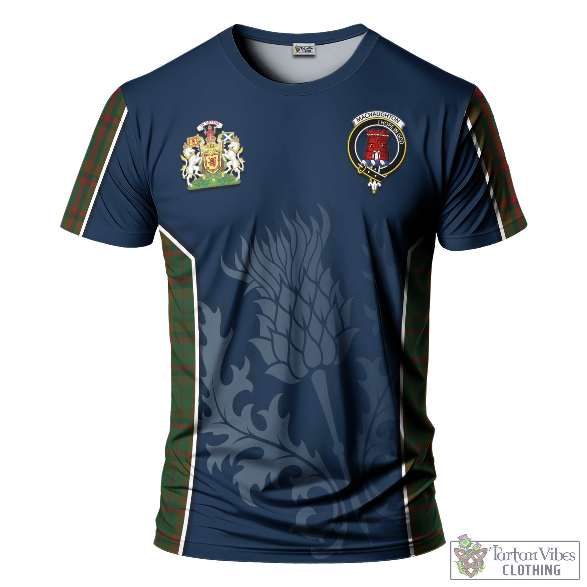 Tartan Vibes Clothing Macnaughton Hunting Tartan T-Shirt with Family Crest and Scottish Thistle Vibes Sport Style