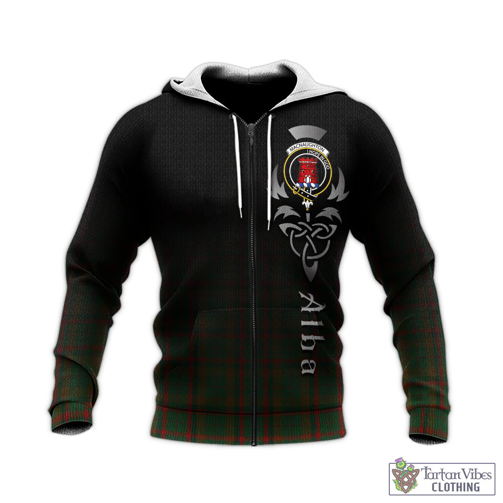 Tartan Vibes Clothing Macnaughton Hunting Tartan Knitted Hoodie Featuring Alba Gu Brath Family Crest Celtic Inspired