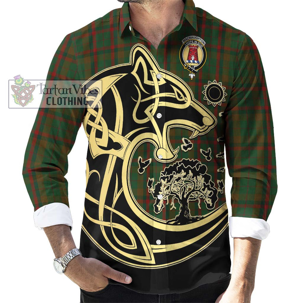 MacNaughton Hunting Tartan Long Sleeve Button Shirt with Family Crest Celtic Wolf Style - Tartan Vibes Clothing