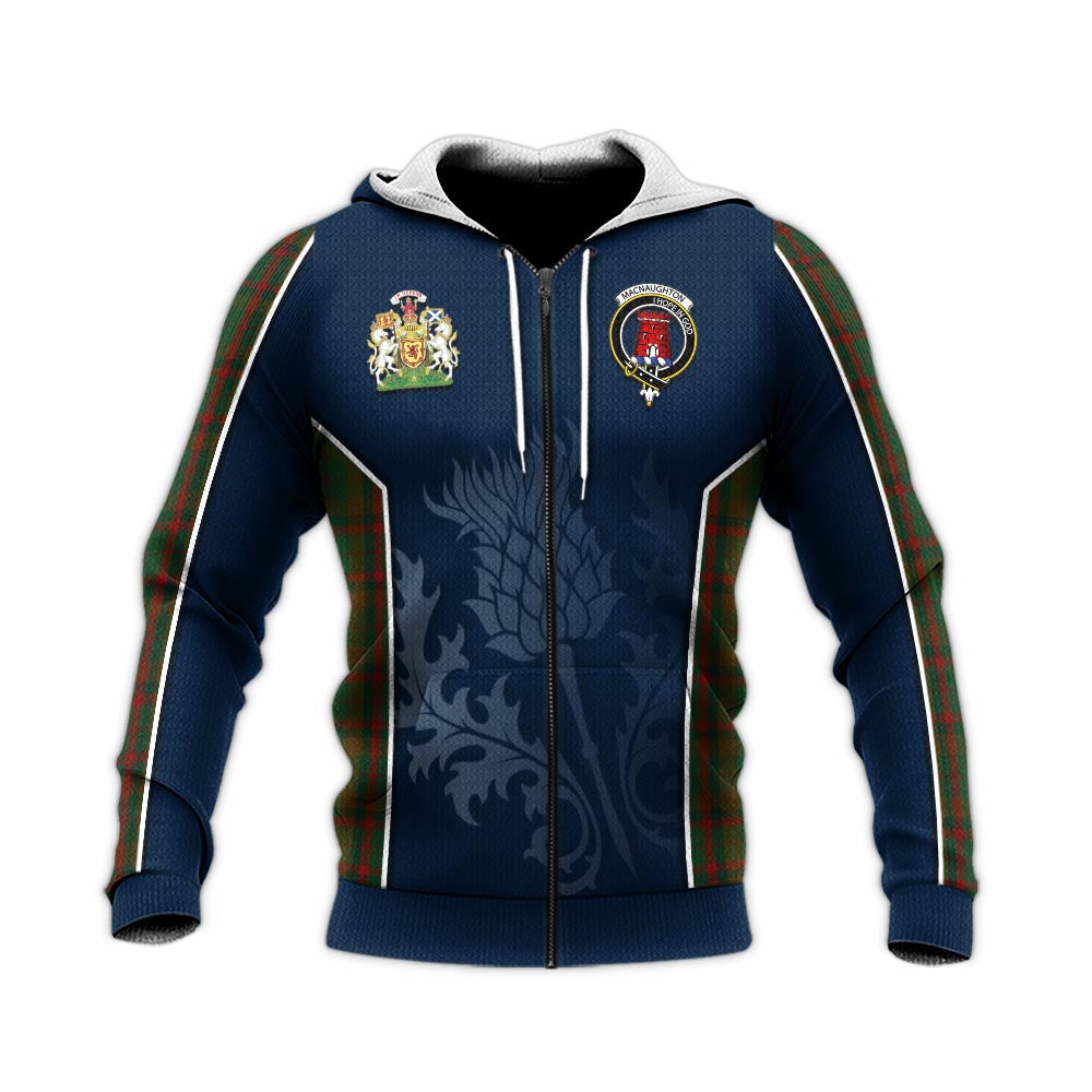 Tartan Vibes Clothing Macnaughton Hunting Tartan Knitted Hoodie with Family Crest and Scottish Thistle Vibes Sport Style