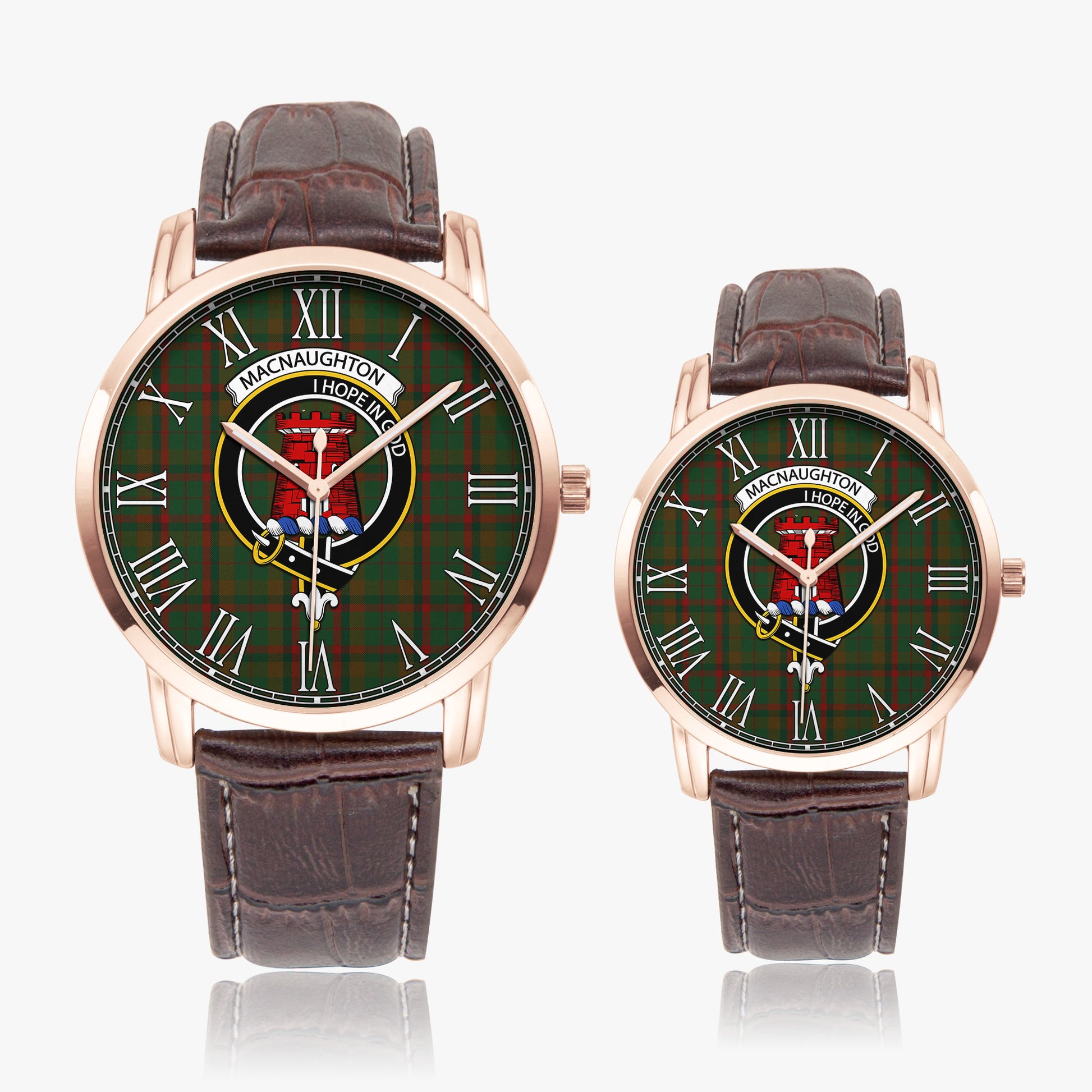 Macnaughton Hunting Tartan Family Crest Leather Strap Quartz Watch - Tartanvibesclothing