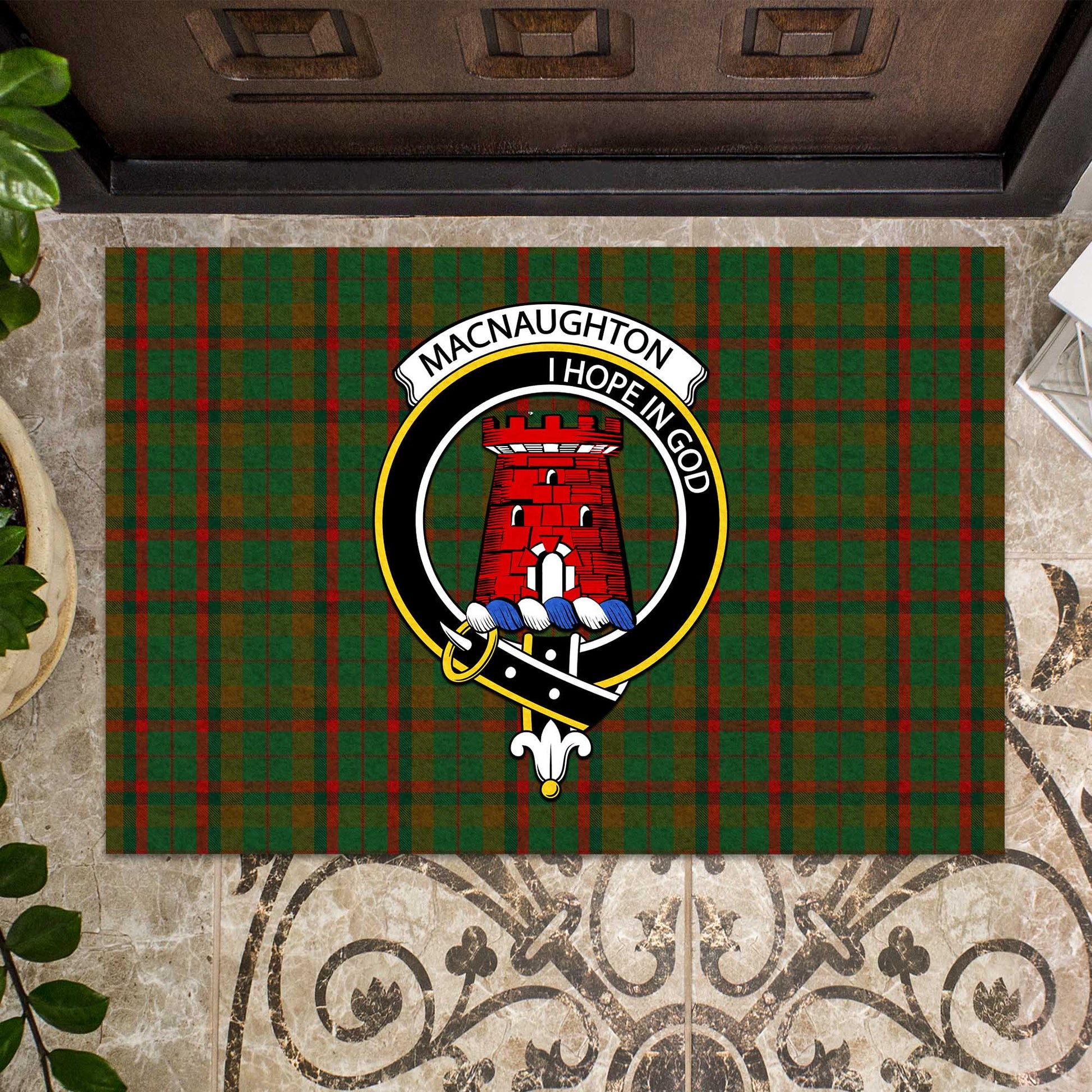 Macnaughton Hunting Tartan Door Mat with Family Crest - Tartanvibesclothing