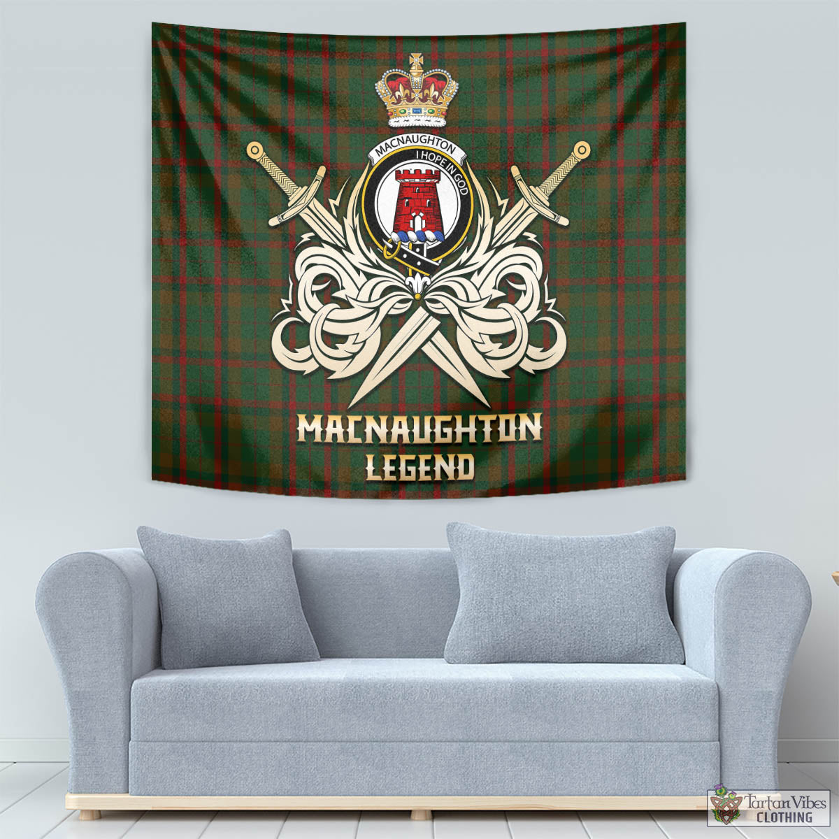 Tartan Vibes Clothing Macnaughton Hunting Tartan Tapestry with Clan Crest and the Golden Sword of Courageous Legacy