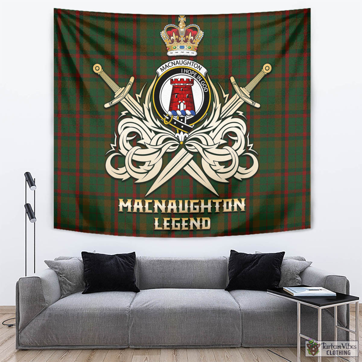 Tartan Vibes Clothing Macnaughton Hunting Tartan Tapestry with Clan Crest and the Golden Sword of Courageous Legacy