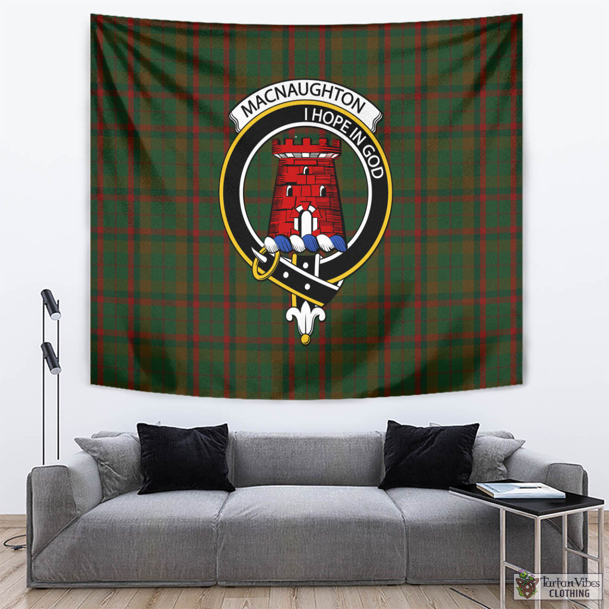 Tartan Vibes Clothing Macnaughton Hunting Tartan Tapestry Wall Hanging and Home Decor for Room with Family Crest