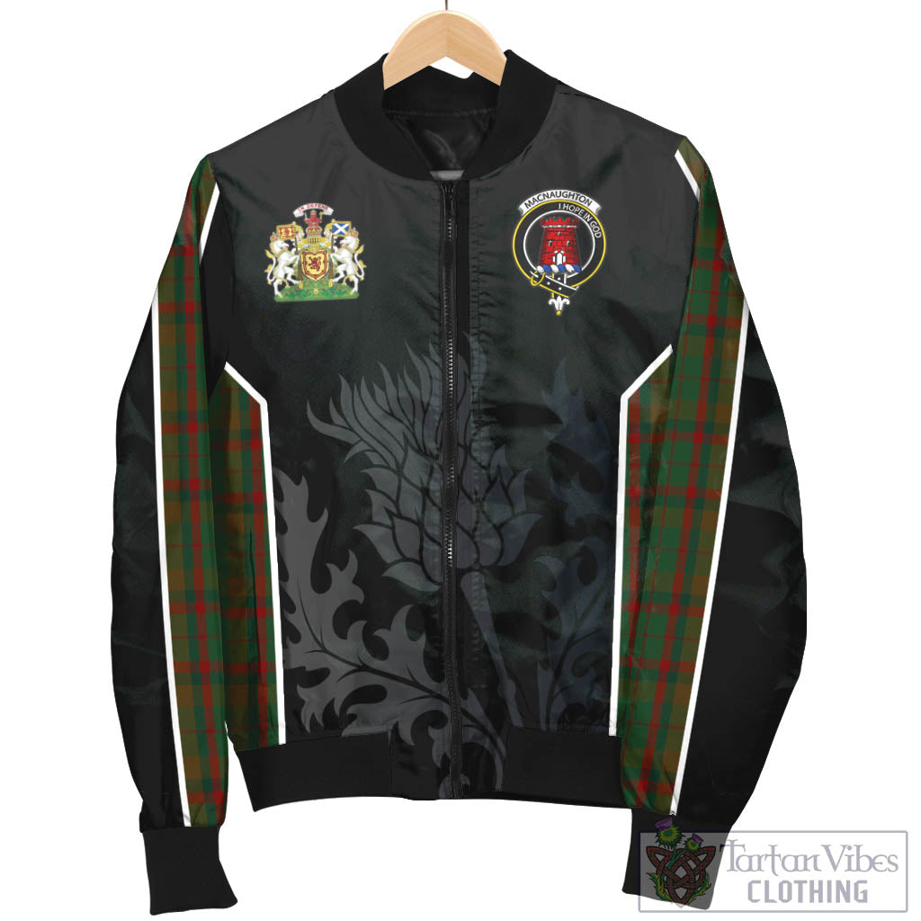 Tartan Vibes Clothing Macnaughton Hunting Tartan Bomber Jacket with Family Crest and Scottish Thistle Vibes Sport Style