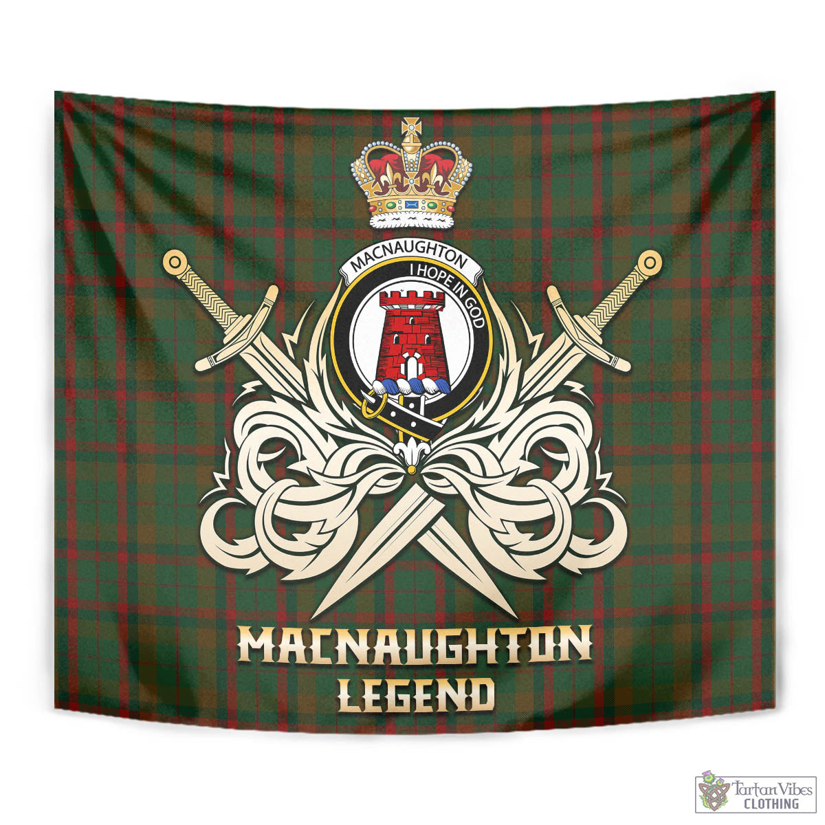 Tartan Vibes Clothing Macnaughton Hunting Tartan Tapestry with Clan Crest and the Golden Sword of Courageous Legacy