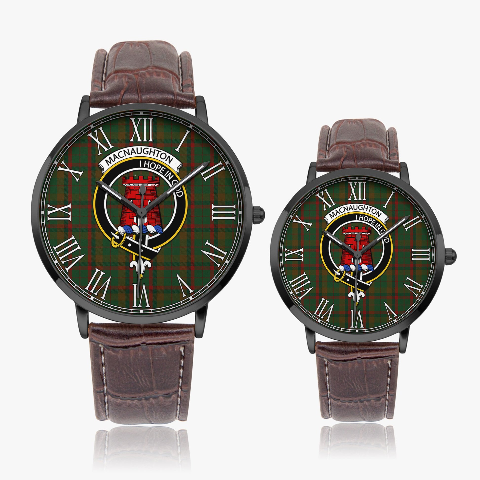 Macnaughton Hunting Tartan Family Crest Leather Strap Quartz Watch - Tartanvibesclothing