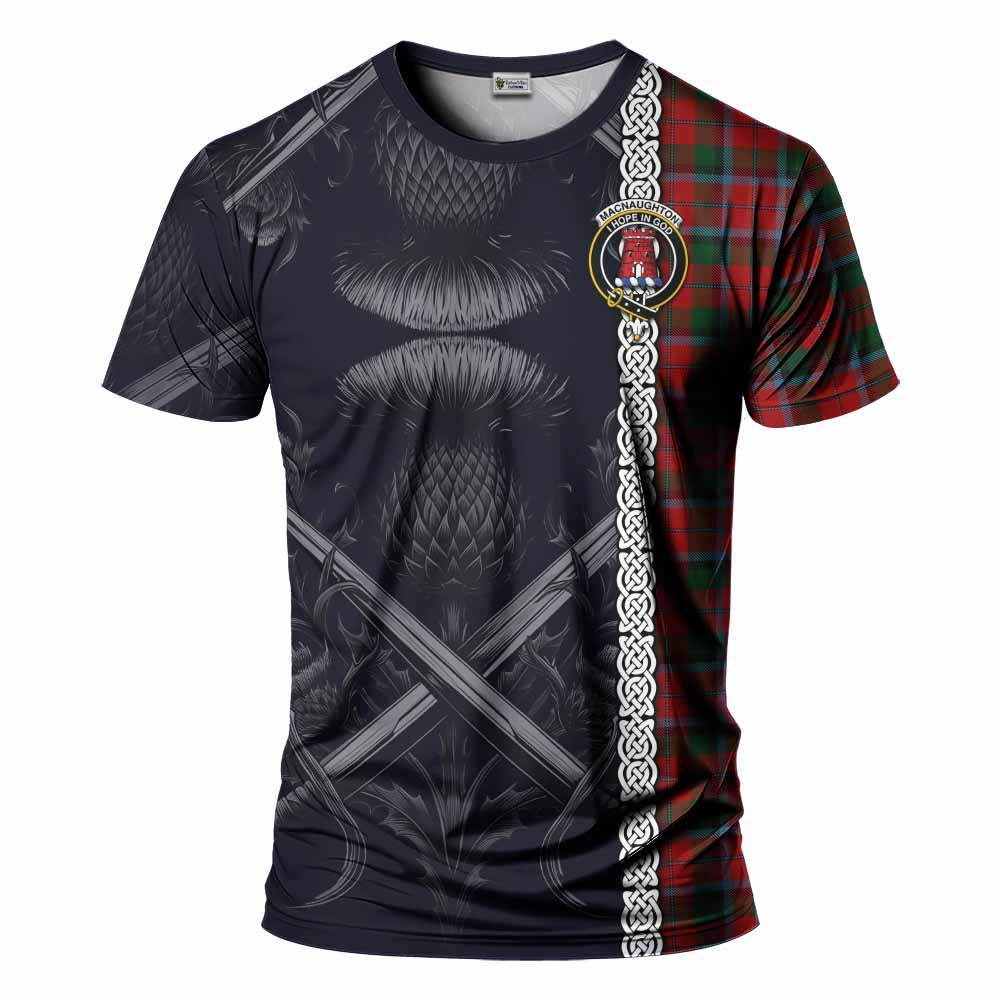 Tartan Vibes Clothing MacNaughton (McNaughton) Tartan T-Shirt with Family Crest Cross Sword Thistle Celtic Vibes