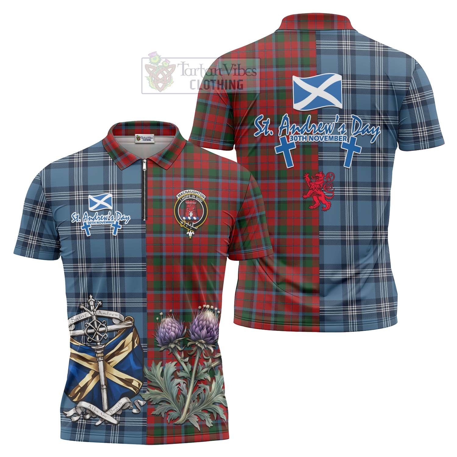 Tartan Vibes Clothing MacNaughton (McNaughton) Tartan Zipper Polo Shirt Happy St. Andrew's Day Half Tartan Style