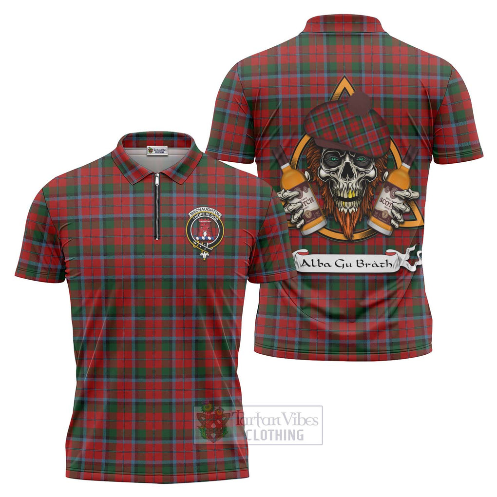 Tartan Vibes Clothing MacNaughton (McNaughton) Tartan Zipper Polo Shirt with Family Crest and Bearded Skull Holding Bottles of Whiskey