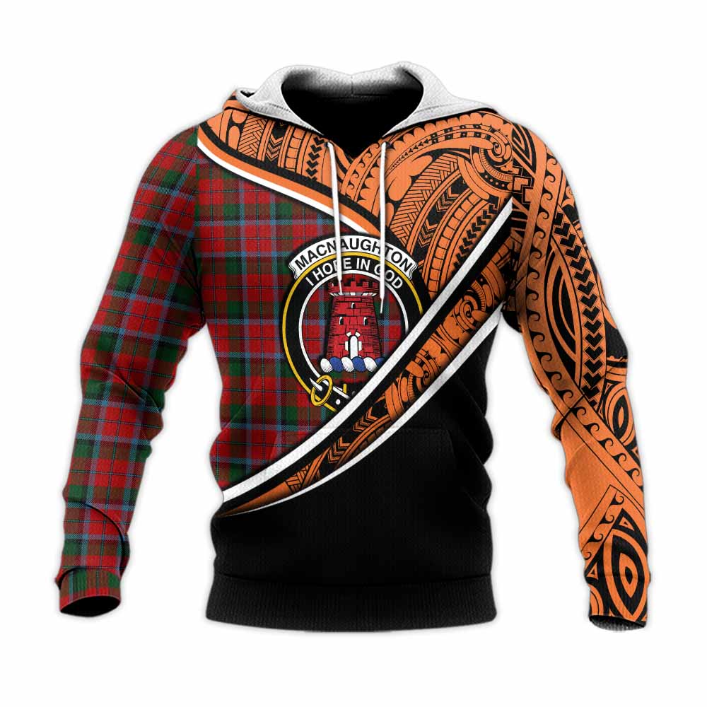 Tartan Vibes Clothing MacNaughton (McNaughton) Crest Tartan Knitted Hoodie with Maori Tattoo Style - Orange Version