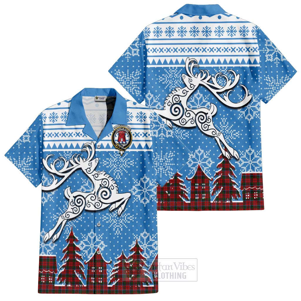 Tartan Vibes Clothing MacNaughton (McNaughton) Clan Christmas Short Sleeve Button Shirt Celtic Reindeer Style