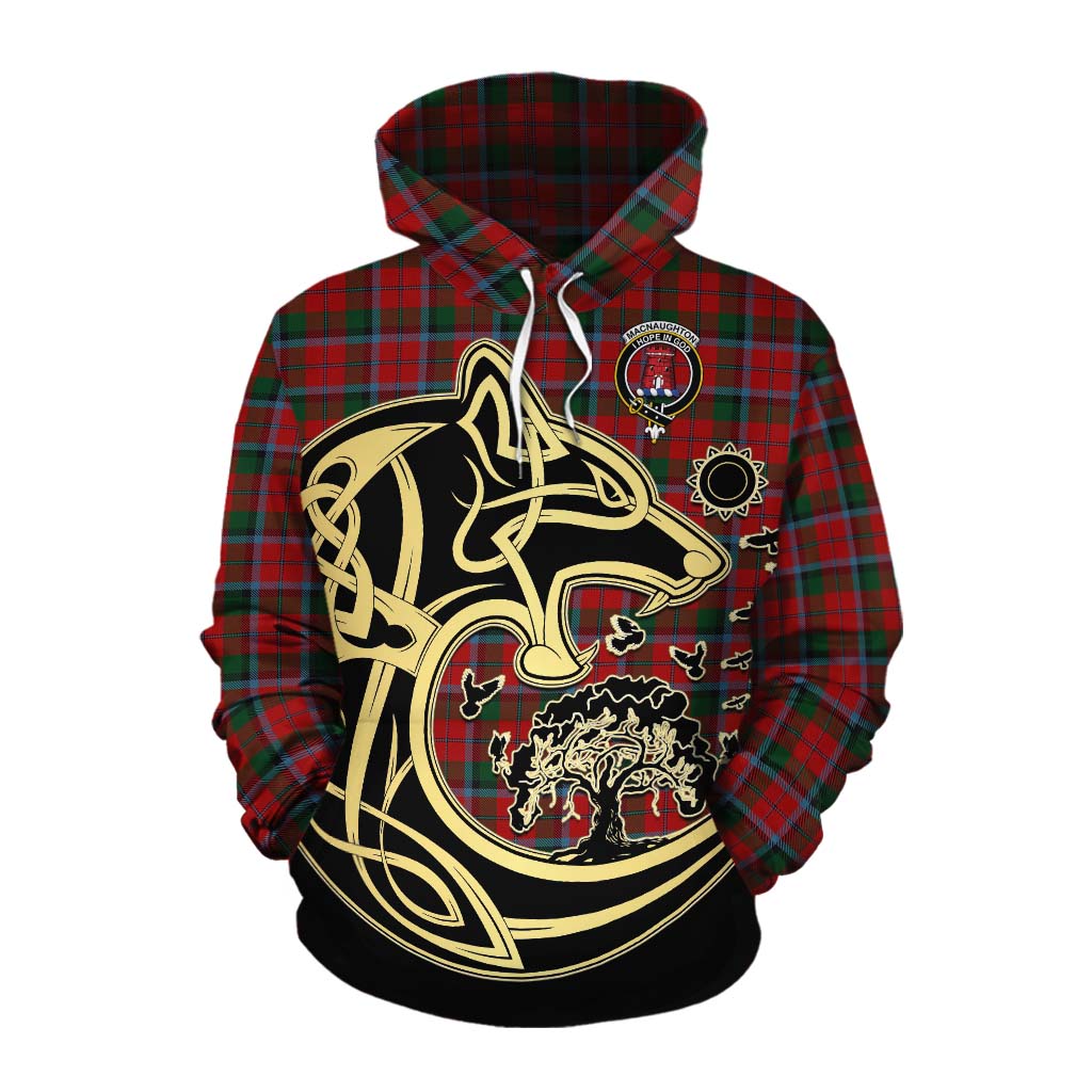 Tartan Vibes Clothing MacNaughton (McNaughton) Tartan Cotton Hoodie with Family Crest Celtic Wolf Style