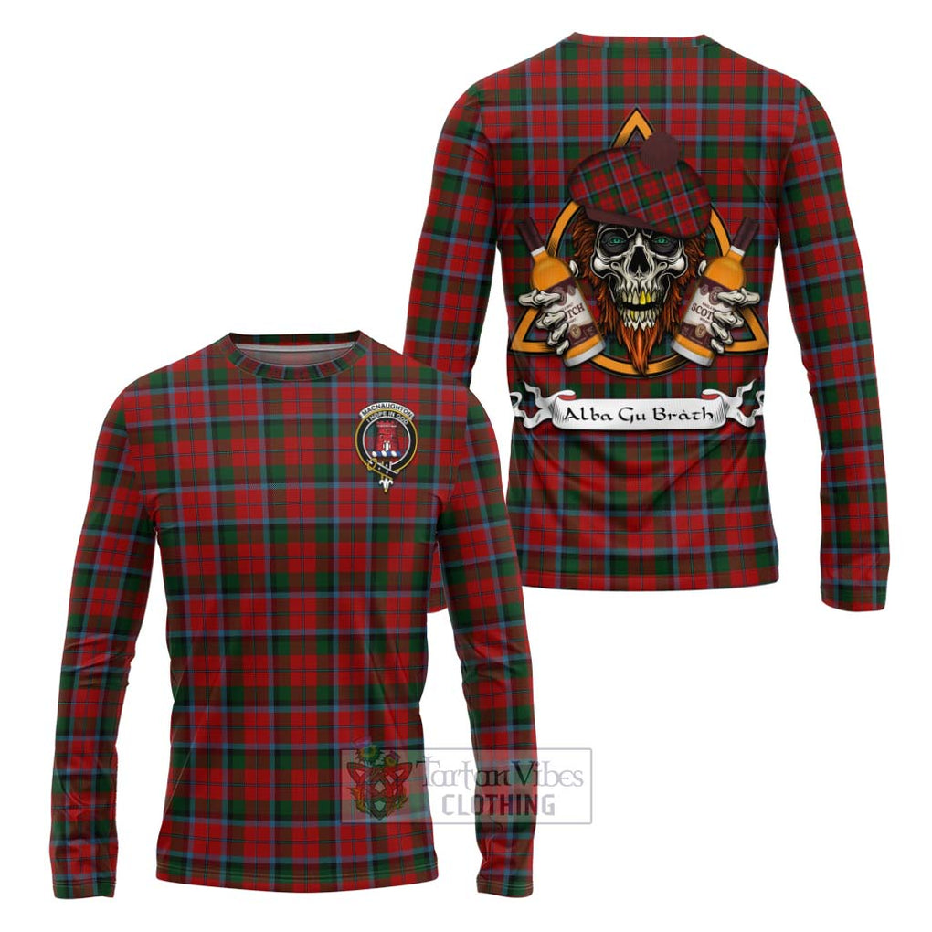 Tartan Vibes Clothing MacNaughton (McNaughton) Tartan Long Sleeve T-Shirt with Family Crest and Bearded Skull Holding Bottles of Whiskey