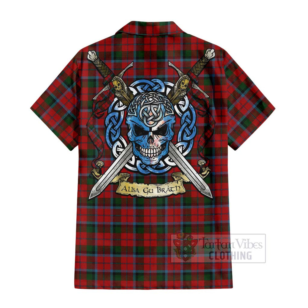 Tartan Vibes Clothing MacNaughton (McNaughton) Tartan Short Sleeve Button Shirt with Family Crest Celtic Skull Style