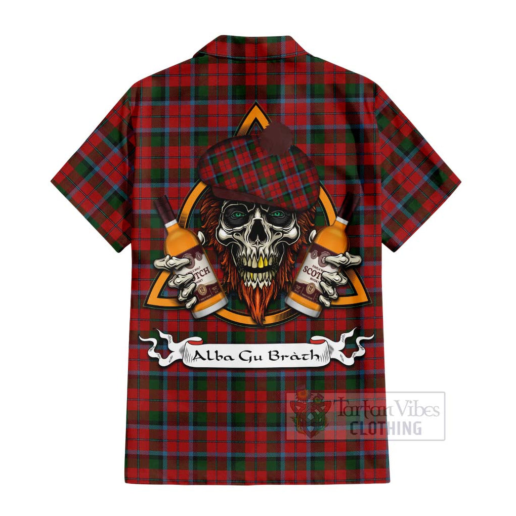 Tartan Vibes Clothing MacNaughton (McNaughton) Tartan Short Sleeve Button Shirt with Family Crest and Bearded Skull Holding Bottles of Whiskey