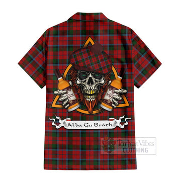 MacNaughton (McNaughton) Tartan Short Sleeve Button Shirt with Family Crest and Bearded Skull Holding Bottles of Whiskey